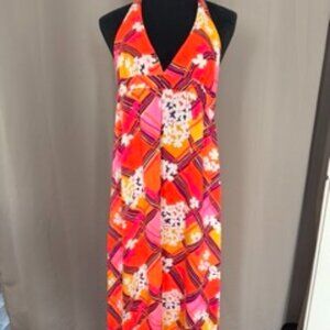 Tiki Maxi Halter Dress Hawaii Vintage 1970s Pink Orange Floral + Graphic Print